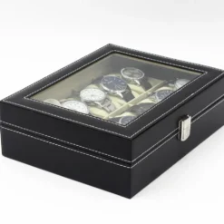 Watchbox Klockbox för 10 klockor med fönster svart med vit söm