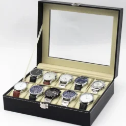 Watchbox Klockbox för 10 klockor med fönster svart med vit söm