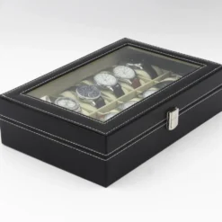 Watchbox Klockbox för 12 klockor med fönster svart med vit söm
