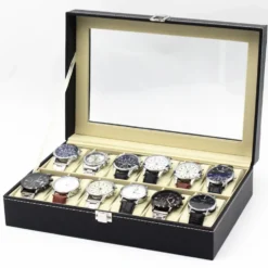 Watchbox Klockbox för 12 klockor med fönster svart med vit söm