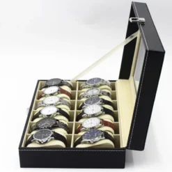 Watchbox Klockbox för 12 klockor med fönster svart med vit söm
