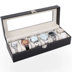 Watchbox Klockbox för 6 klockor - Svart med vit söm