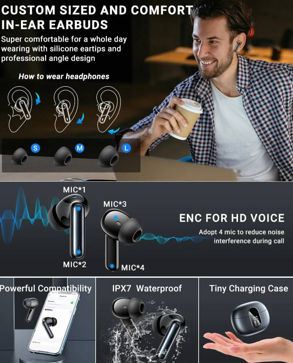 WAVORYX Air1 Pro Trådlösa Hörlurar Bluetooth 5.4 – Hybrid ANC, 6 Mics ENC, Hi-Res Ljud & 40h Batteritid Appstöd EQ