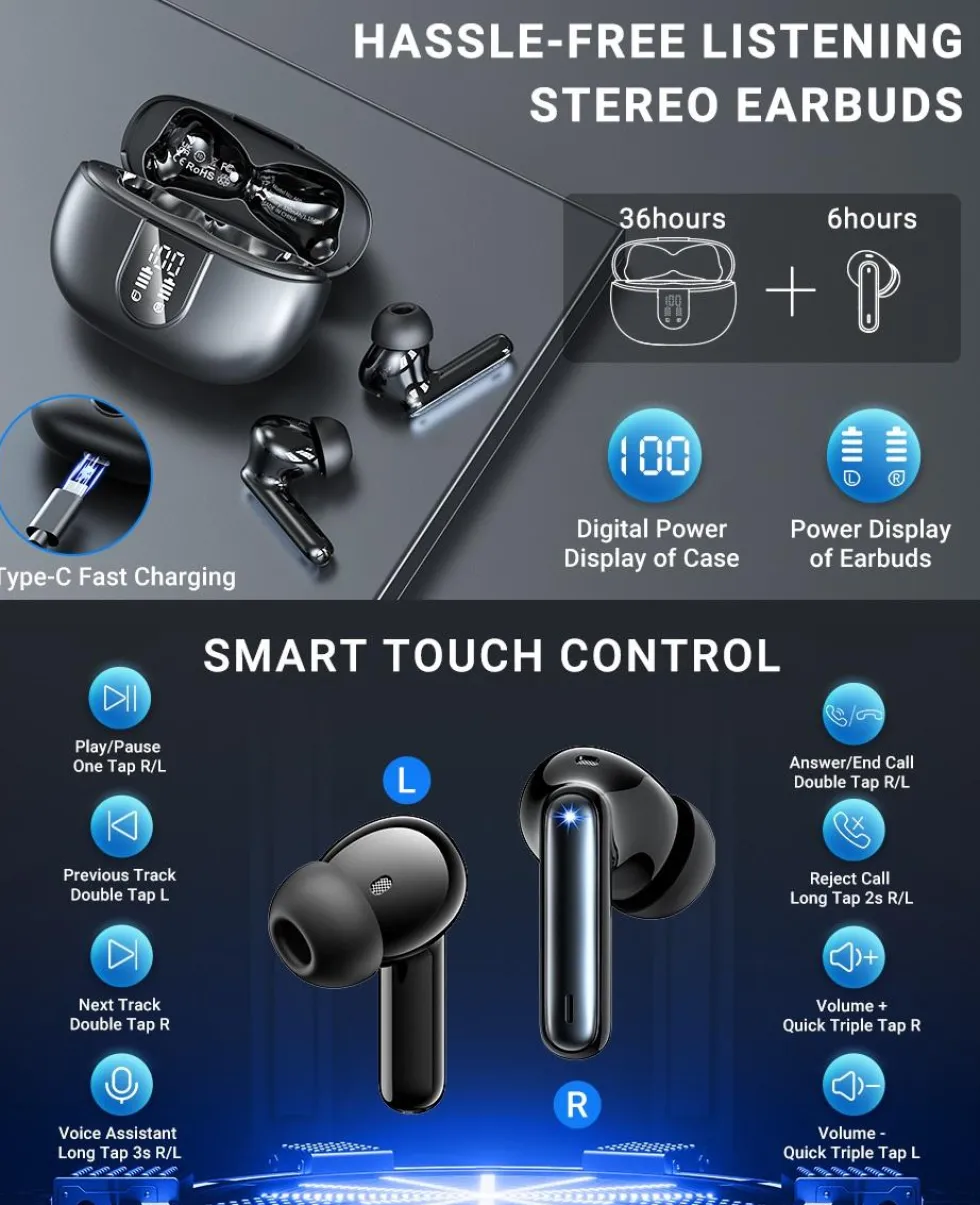WAVORYX Air1 Pro Trådlösa Hörlurar Bluetooth 5.4 – Hybrid ANC, 6 Mics ENC, Hi-Res Ljud & 40h Batteritid Appstöd EQ
