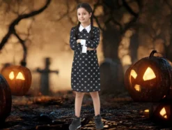 Wednesday Addams klänning barnkostym svart/vit 135–145 cm polyester