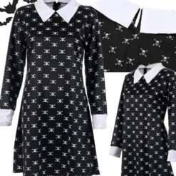 Wednesday Addams klänning barnkostym svart/vit 135–145 cm polyester