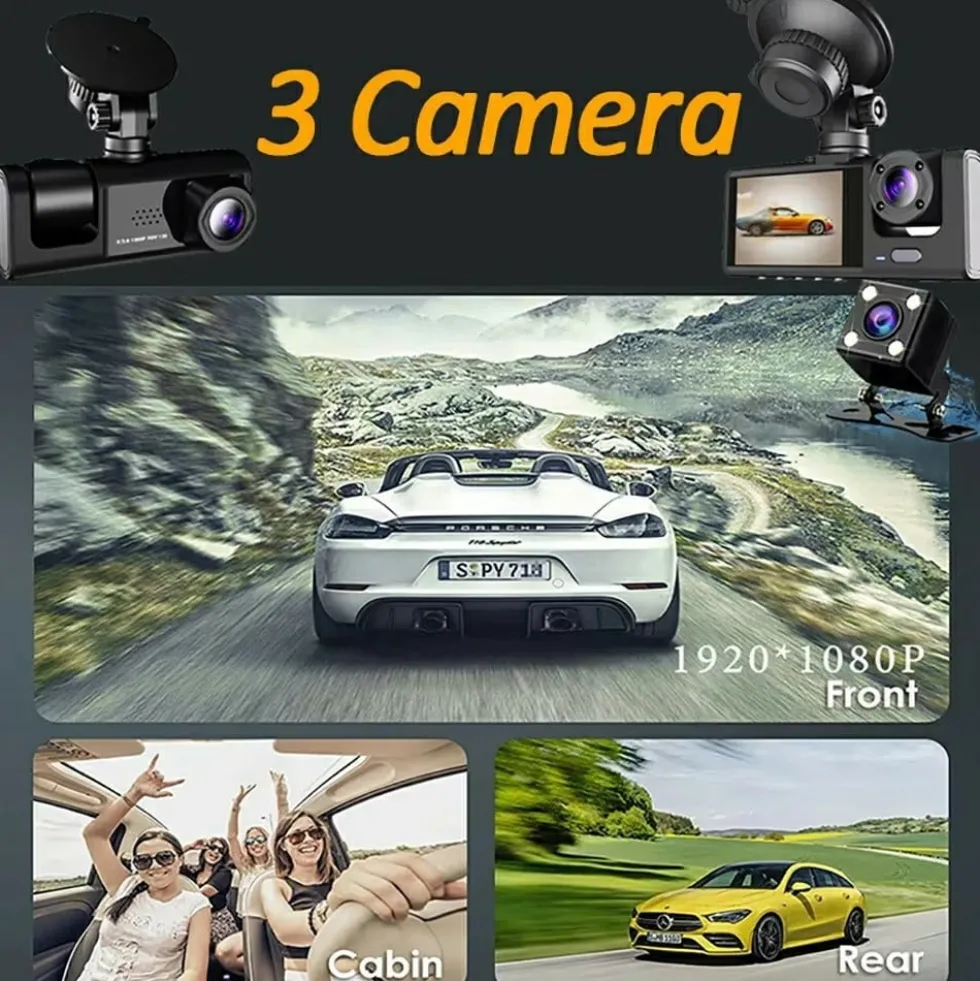 WIFI Bil Dash Cam HD 1080P Fram/Inuti/Bakre 3 Linser Bil DVR Parkeringsinspelare
