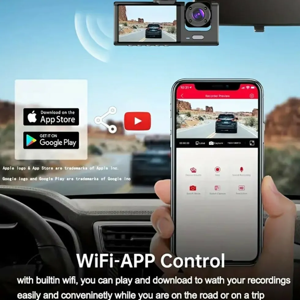 WIFI Bil Dash Cam HD 1080P Fram/Inuti/Bakre 3 Linser Bil DVR Parkeringsinspelare