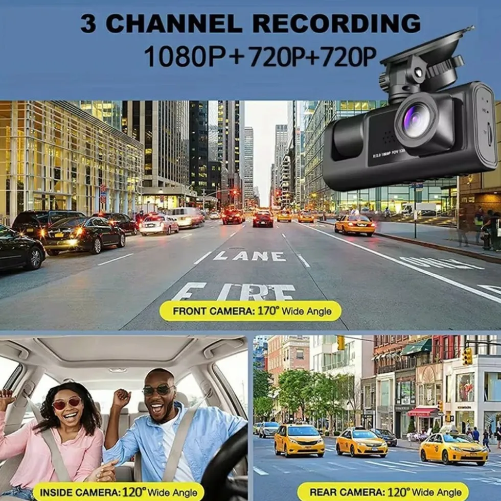 WIFI Bil Dash Cam HD 1080P Fram/Inuti/Bakre 3 Linser Bil DVR Parkeringsinspelare