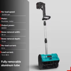 3000W 300mm Borstlös Elektrisk Snöslunga – Sladdlös Snöborste Snöskyffel för Uppfart, Gård , Gata och Trottoar – med 2 batterier