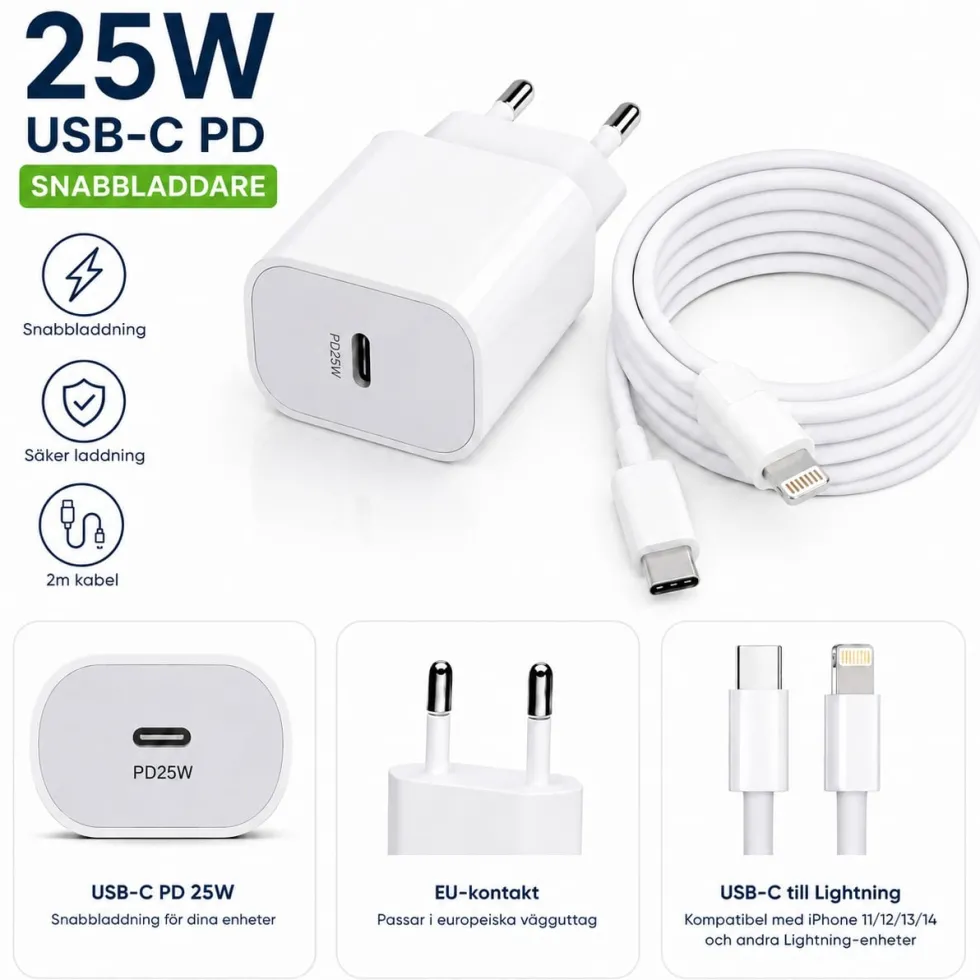 25W Snabbladdare 2 m USB-C till Lightning-kabel – Kompatibel iPhone 11/12/13/14