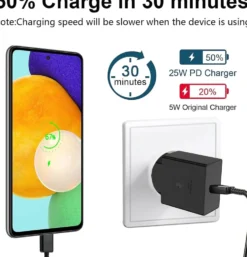25W USB C Snabbladdare med 1m Typ C-kabel – Kompatibel med Samsung Galaxy, iPhone och iPad (USB-C) Svart