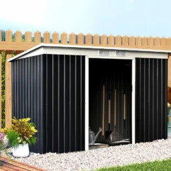 XXL trädgårdsskjul, galvaniserat stål, 3,6m², 280x130x172cm, med fundament, låsbara skjutdörrar, ventilation, svart