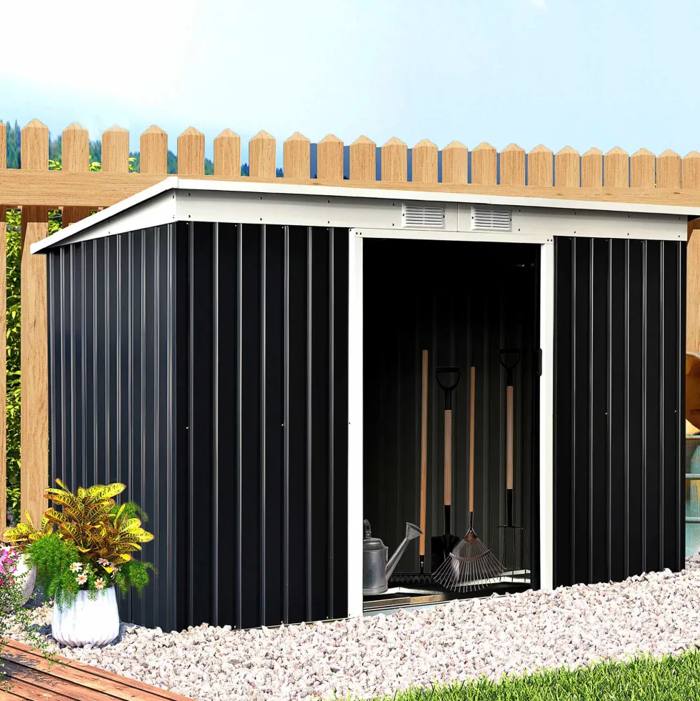 XXL trädgårdsskjul, galvaniserat stål, 3,6m², 280x130x172cm, med fundament, låsbara skjutdörrar, ventilation, svart
