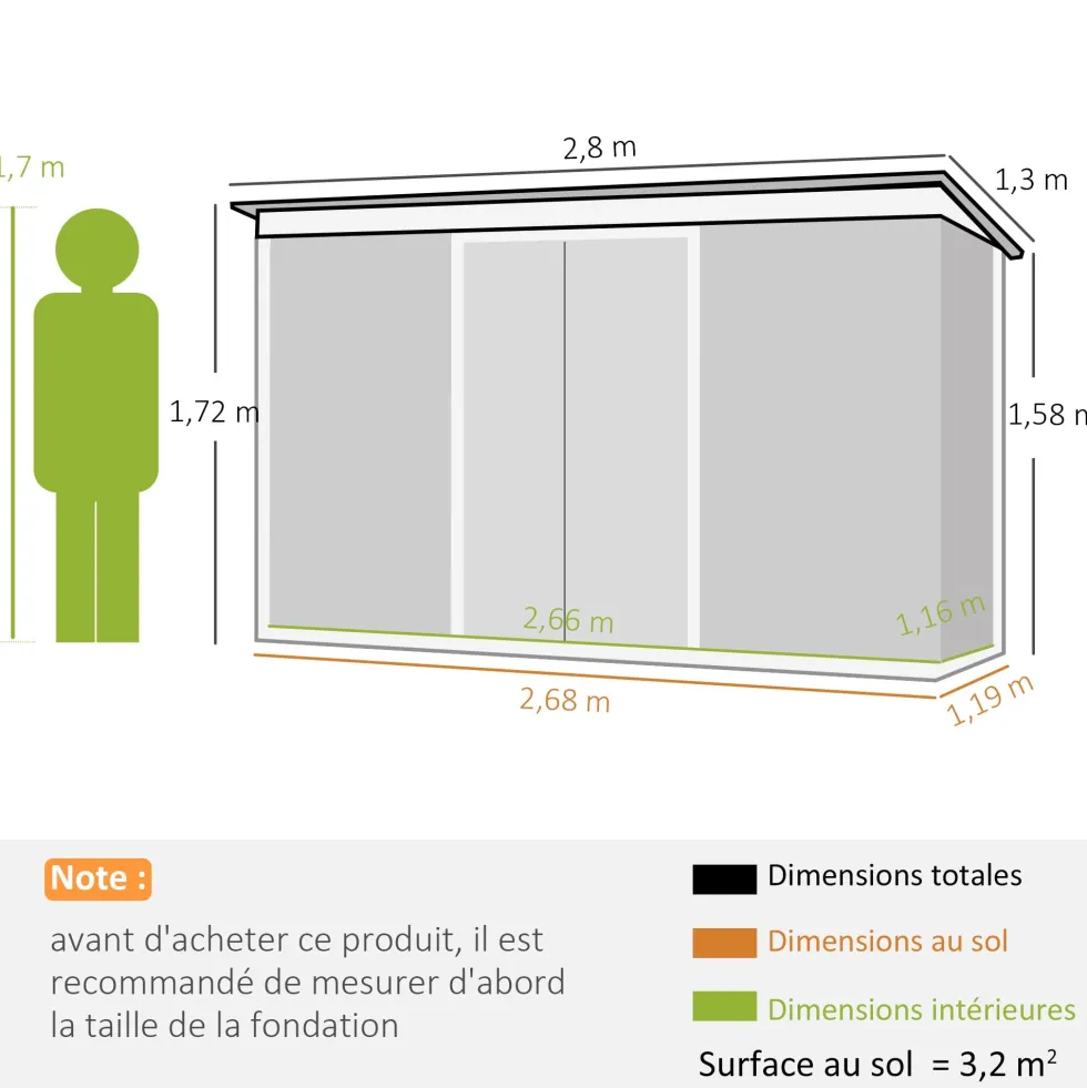 XXL trädgårdsskjul, galvaniserat stål, 3,6m², 280x130x172cm, med fundament, låsbara skjutdörrar, ventilation, svart