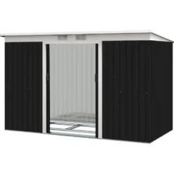 XXL trädgårdsskjul, galvaniserat stål, 3,6m², 280x130x172cm, med fundament, låsbara skjutdörrar, ventilation, svart