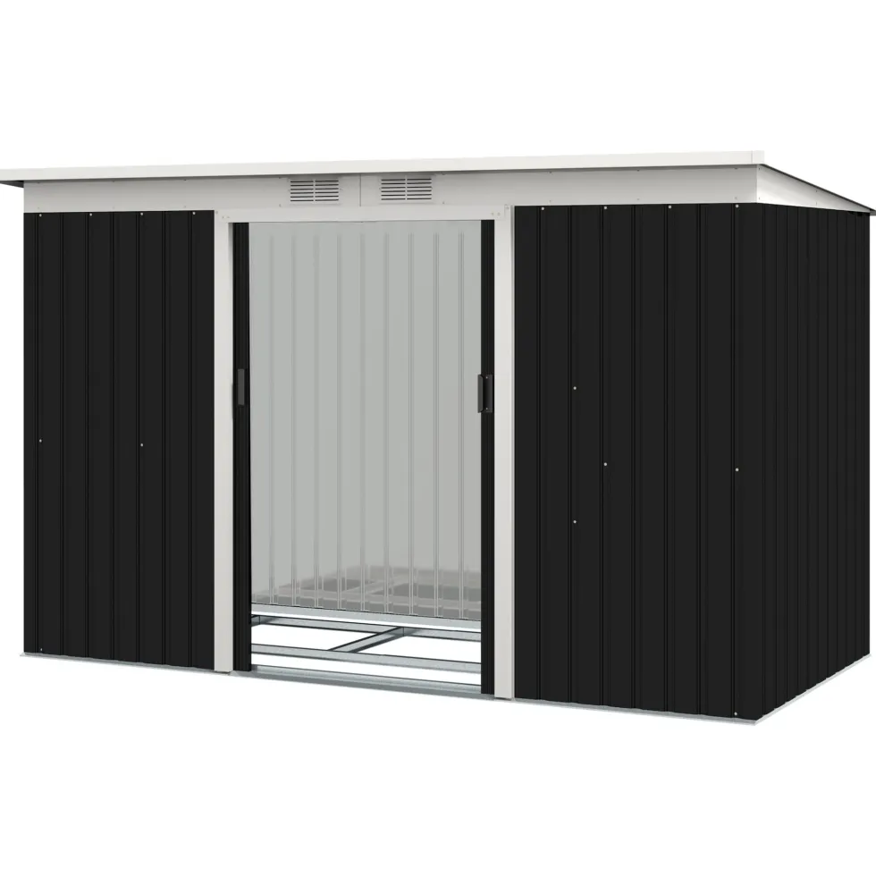 XXL trädgårdsskjul, galvaniserat stål, 3,6m², 280x130x172cm, med fundament, låsbara skjutdörrar, ventilation, svart